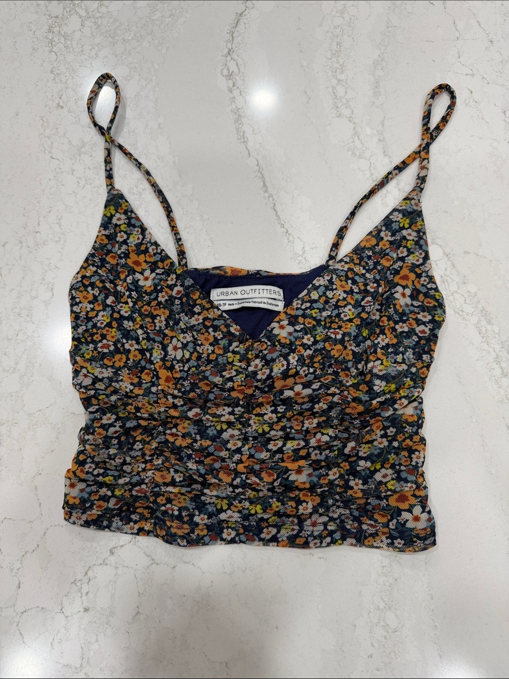 Urban Outfitters Navy Floral Ruched Cami with Orange & White Blossoms